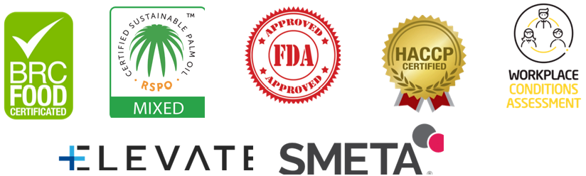 Sertifikasi: BRC Food, RSPO, FDA Approved, HACCP Certified, Workplace Conditions Assessment, Elevate, SMETA